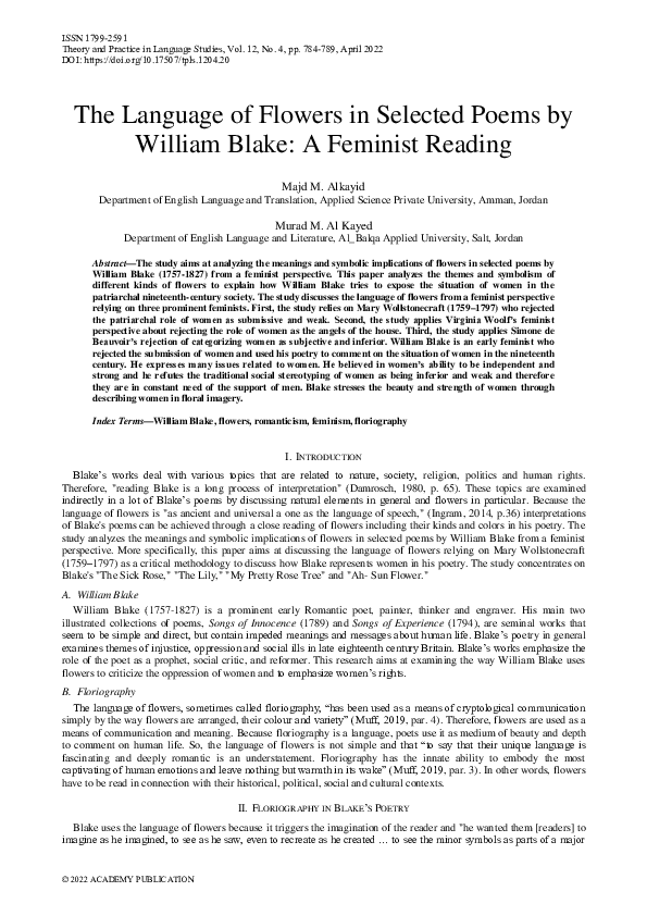 (PDF) The Language of Flowers in Selected Poems by William Blake A