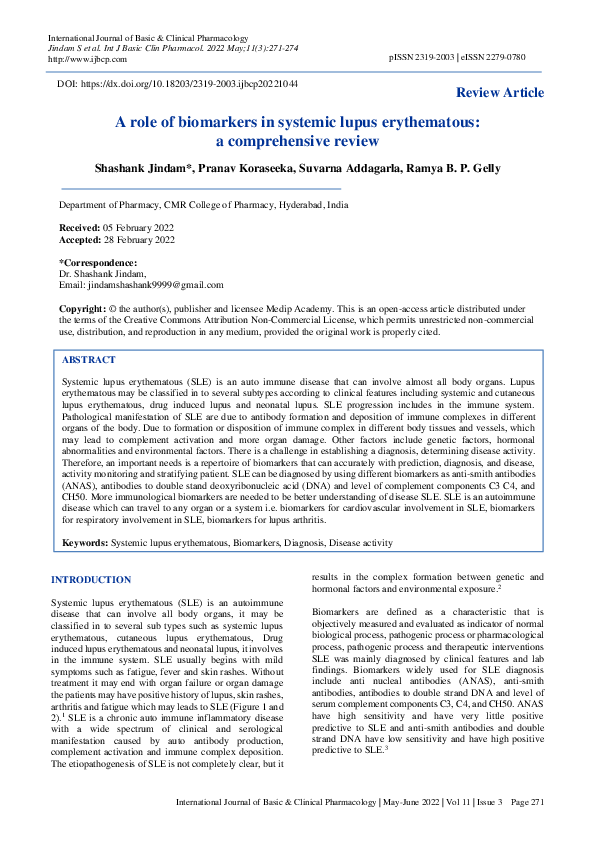 (PDF) A role of biomarkers in systemic lupus erythematous: a ...