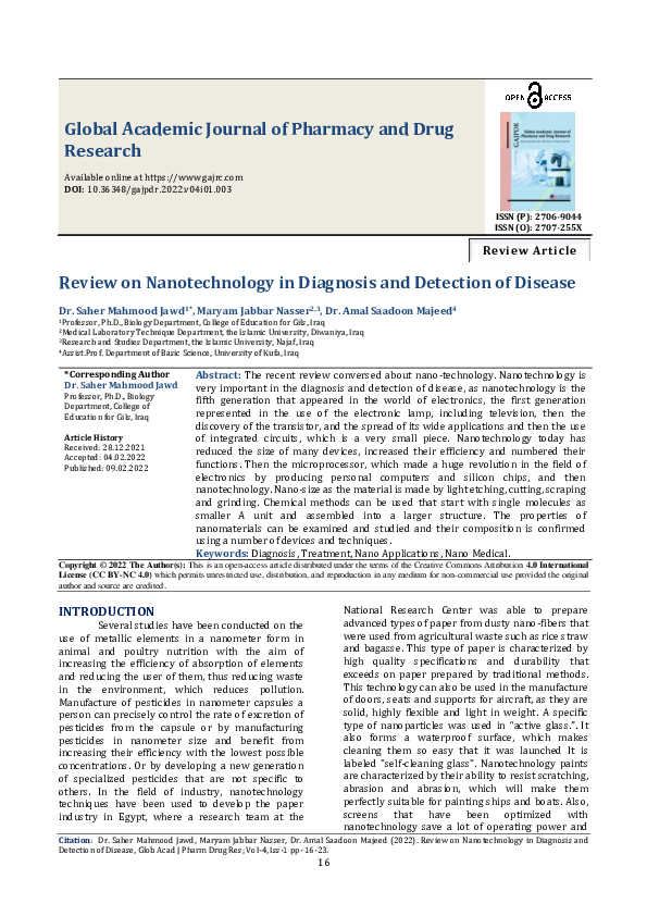 (PDF) Review on Nanotechnology in Diagnosis and Detection of Disease