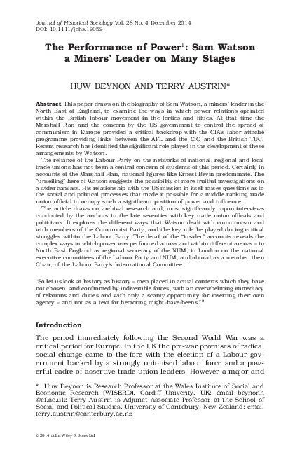 (PDF) The Performance of Power: Sam Watson a Miners' Leader on Many Stages