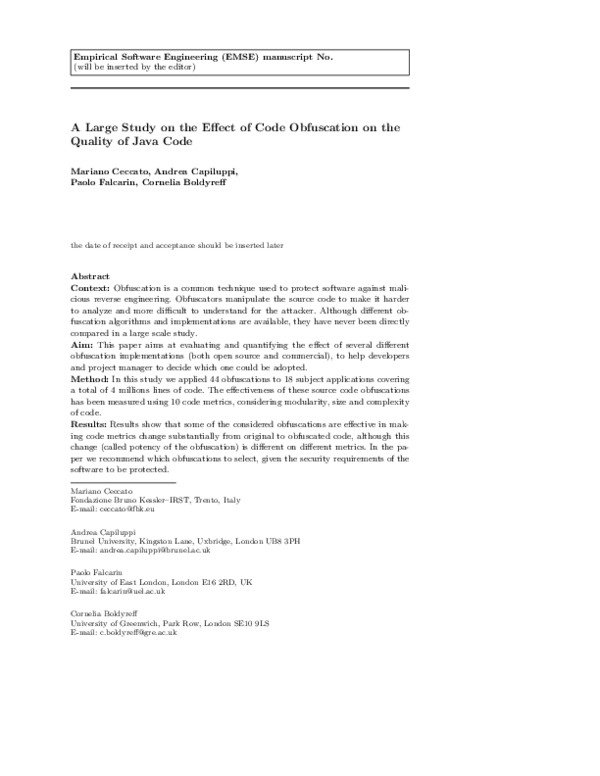 (PDF) A large study on the effect of code obfuscation on the quality of ...