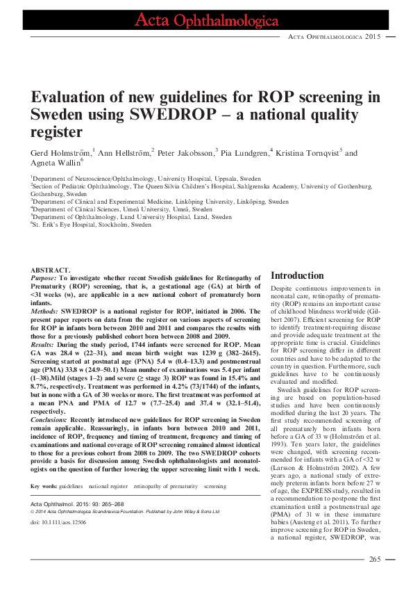 (PDF) Evaluation of new guidelines for ROP screening in Sweden using ...
