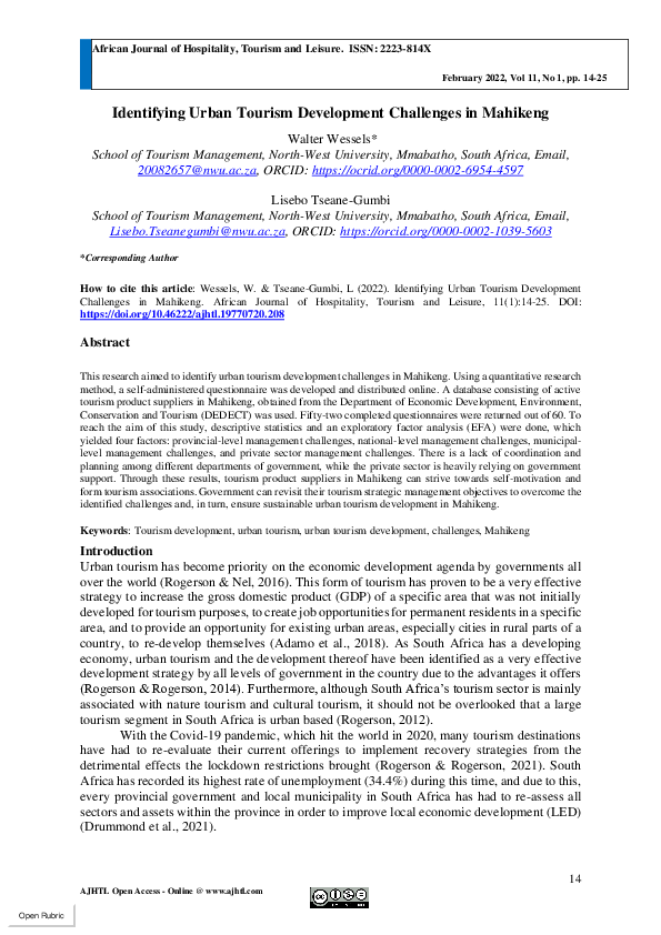 (PDF) Identifying Urban Tourism Development Challenges in Mahikeng