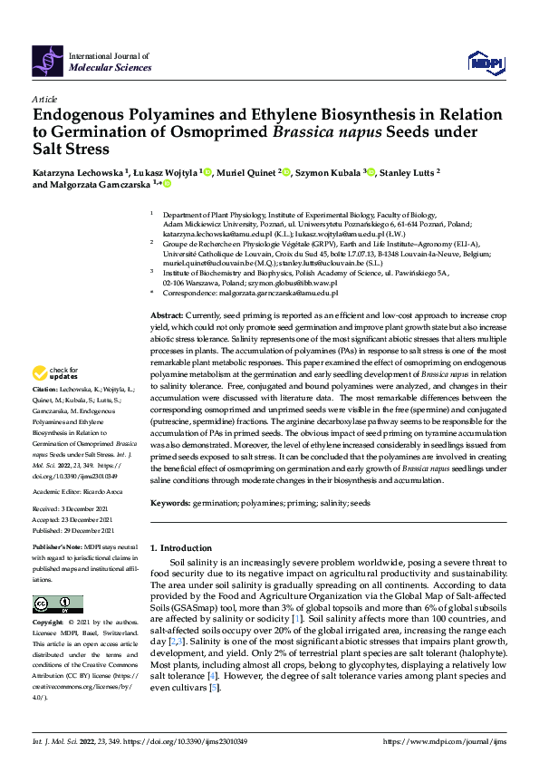 Endogenous Polyamines and Ethylene Biosynthesis in Relation to Germination of Osmoprimed Brassica napus Seeds under Salt Stress