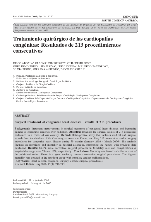 (PDF) Tratamiento quirúrgico de las cardiopatías congénitas: Resultados ...