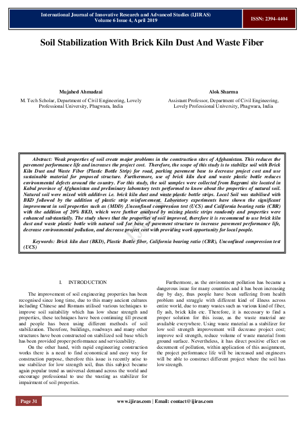 (PDF) Soil Stabilization With Brick Kiln Dust And Waste Fiber