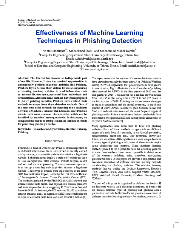 (PDF) Effectiveness of Machine Learning Techniques in Phishing Detection