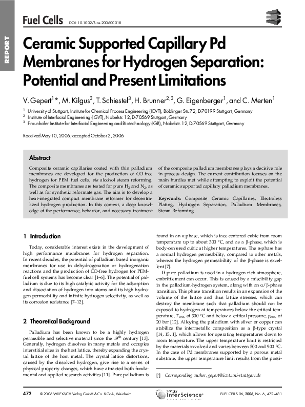 (PDF) Ceramic Supported Capillary Pd Membranes for Hydrogen Separation ...