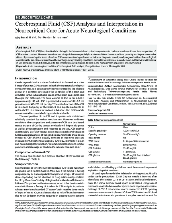 (PDF) Cerebrospinal Fluid (CSF) Analysis and Interpretation in ...