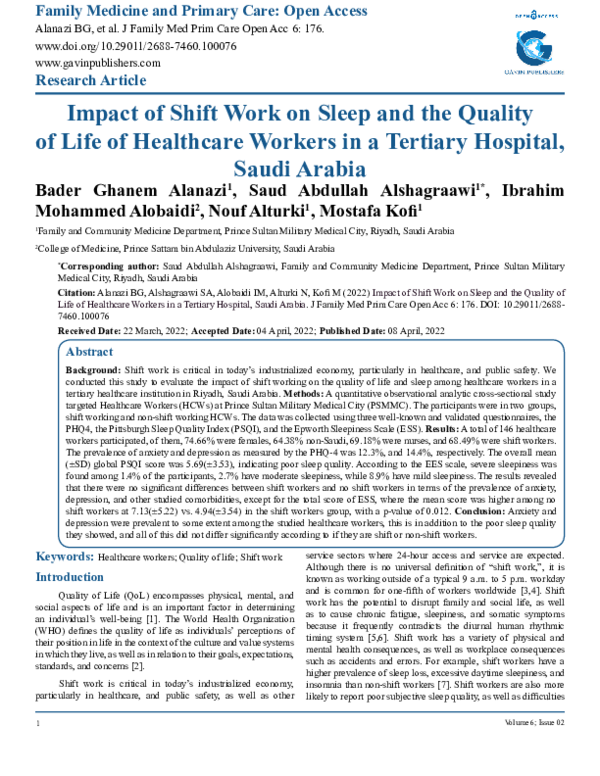 (PDF) Impact of Shift Work on Sleep and the Quality of Life of ...