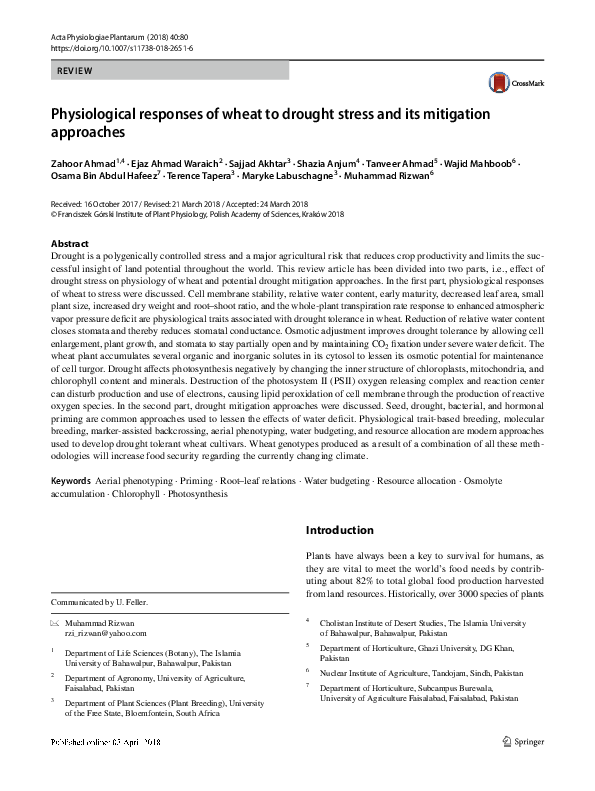 (PDF) Physiological responses of wheat to drought stress and its ...