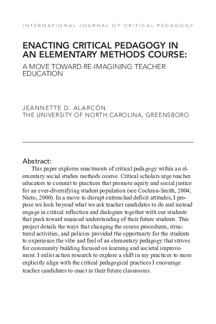 (PDF) Enacting Critical Pedagogy in an Elementary Methods Course: A ...