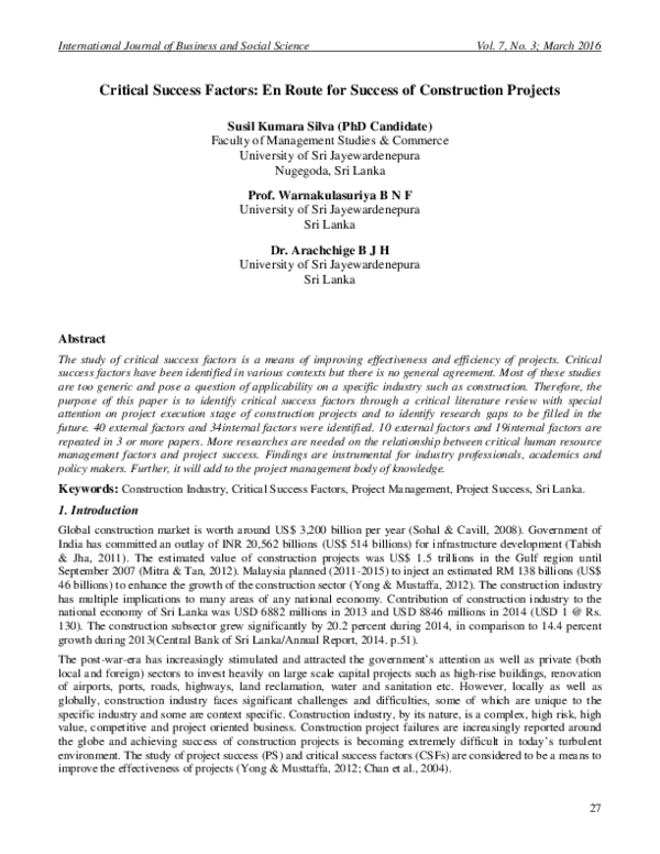 (PDF) Critical Success Factors : En Route for Success of Construction ...