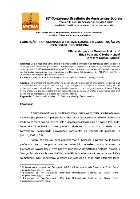 (PDF) Formação Profissional Em Serviço Social e a Construção Da ...