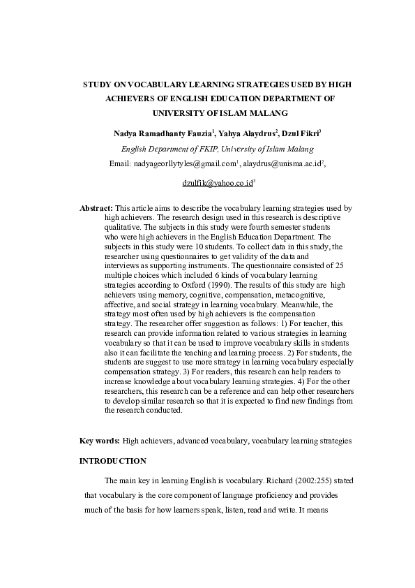 (PDF) Study on Vocabulary Learning Strategies Used by High Achievers of ...