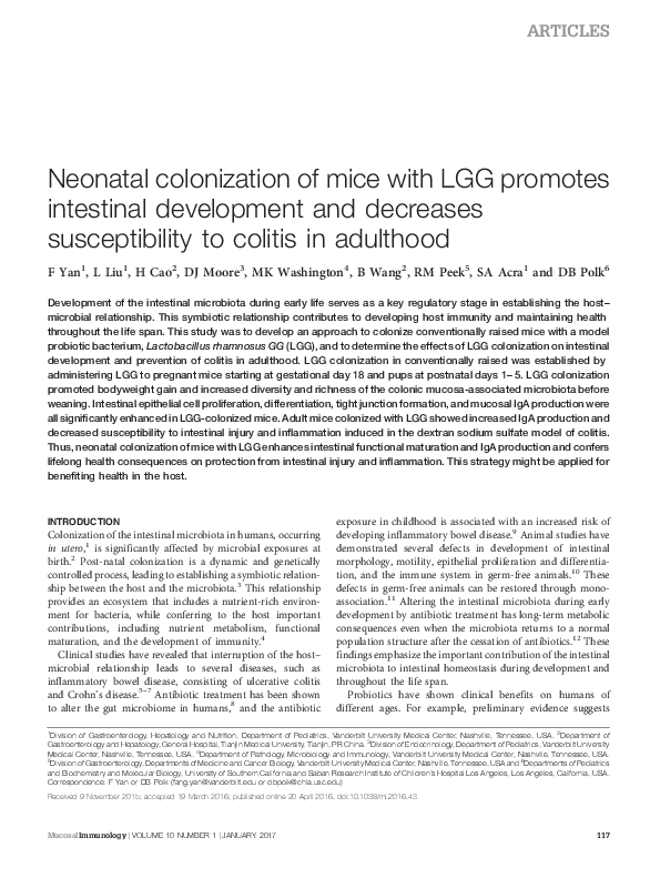 (PDF) Neonatal colonization of mice with LGG promotes intestinal ...