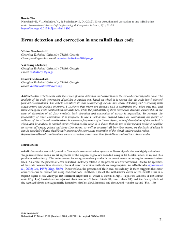 (PDF) Error detection and correction in one mBnB class code