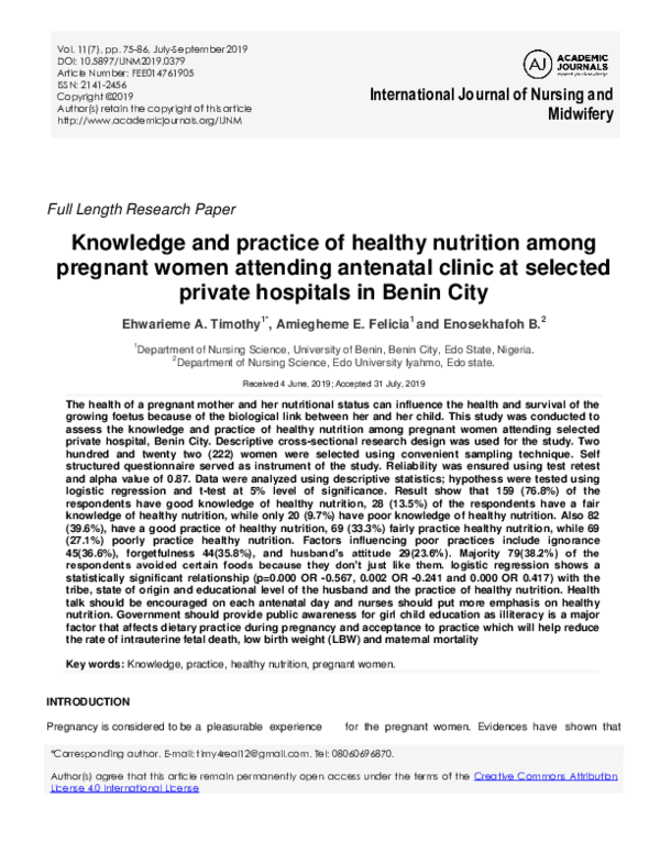 (PDF) Knowledge and practice of healthy nutrition among pregnant women ...