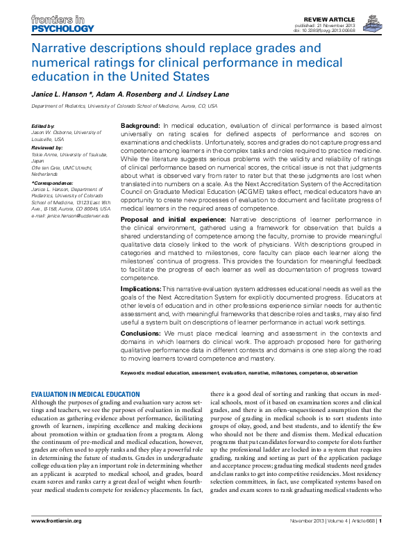 (PDF) Narrative descriptions should replace grades and numerical ...