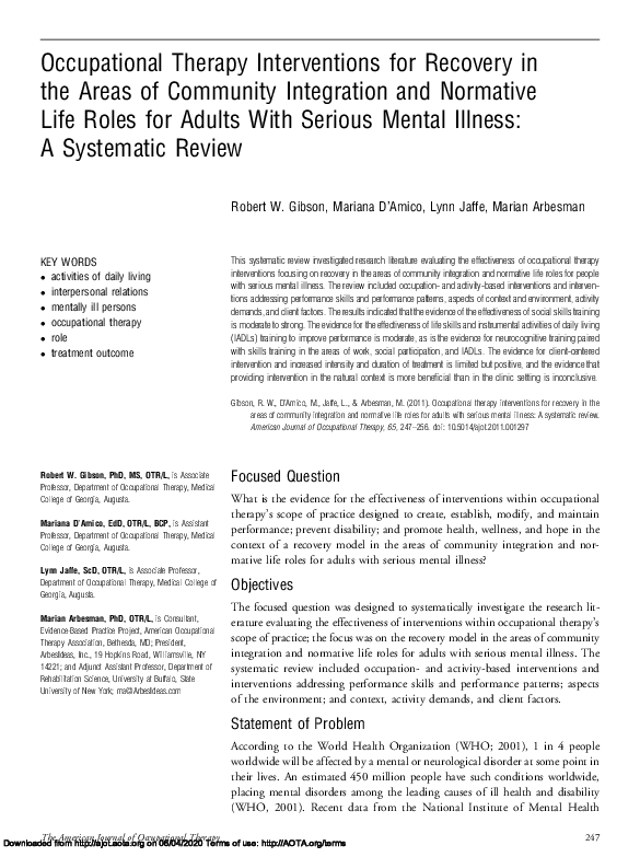 (PDF) Occupational Therapy Interventions for Recovery in the Areas of ...