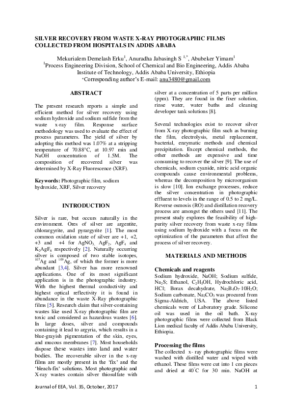(PDF) Silver recovery from waste xray photographic films collected from hospitals in Addis