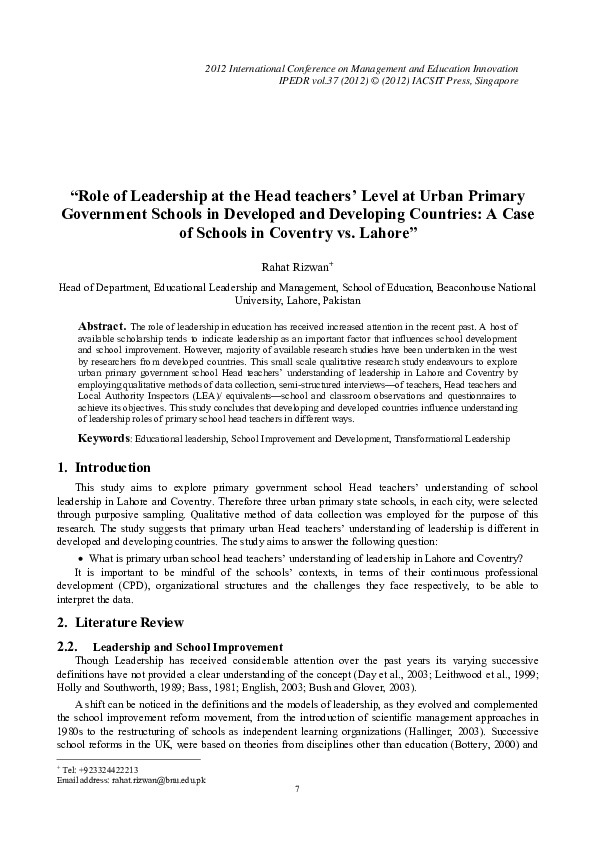 (PDF) “ Role of Leadership at the Head teachers ’ Level at Urban ...