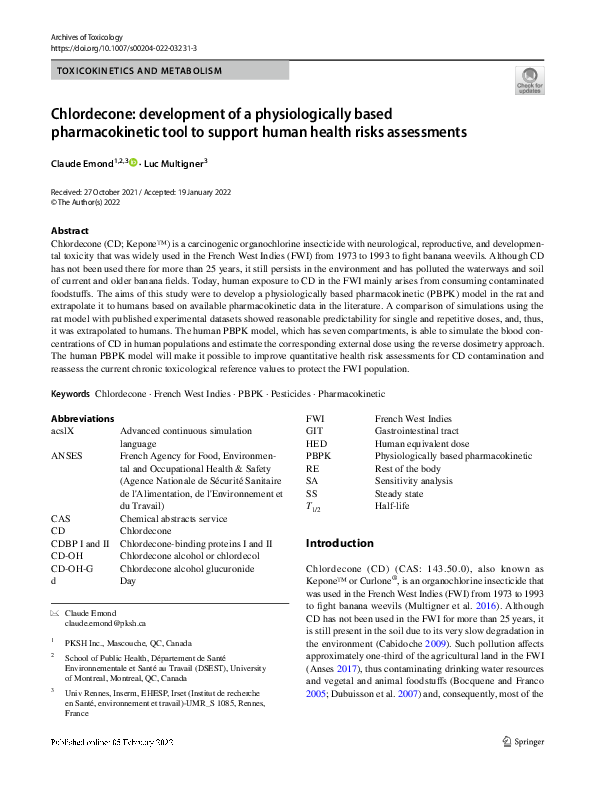 (PDF) Chlordecone: development of a physiologically based ...