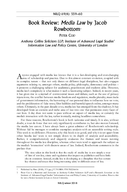 (PDF) Book Review: Media Law by Jacob Rowbottom