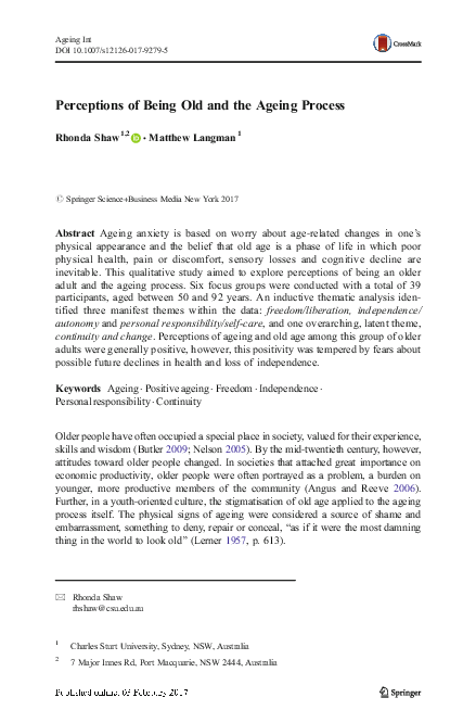 (PDF) Perceptions of Being Old and the Ageing Process