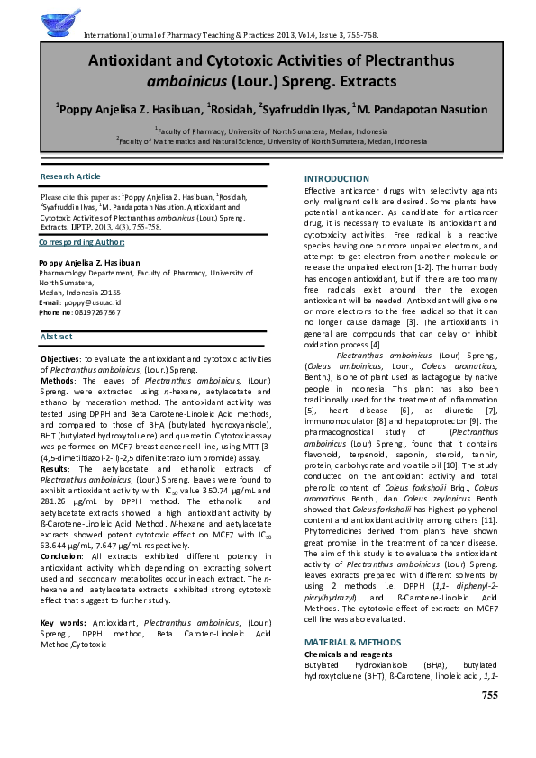 (PDF) Antioxidant and Cytotoxic Activities of Plectranthus amboinicus ...