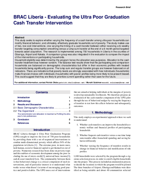 (PDF) BRAC Liberia -Evaluating the Ultra Poor Graduation Cash Transfer ...