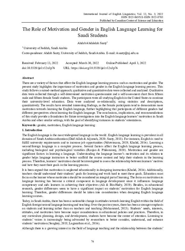 (PDF) The Role of Motivation and Gender in English Language Learning ...