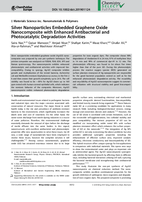 (PDF) Silver Nanoparticles Embedded Graphene Oxide Nanocomposite with ...