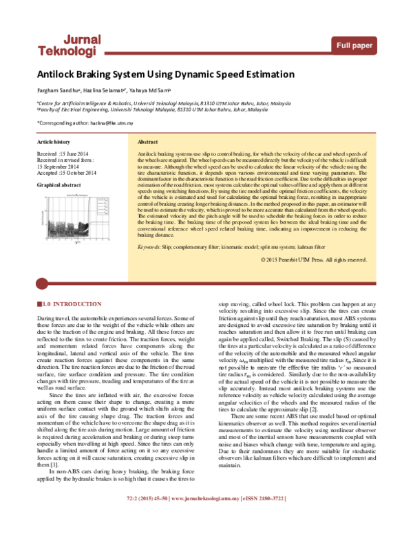(PDF) Antilock Braking System Using Dynamic Speed Estimation