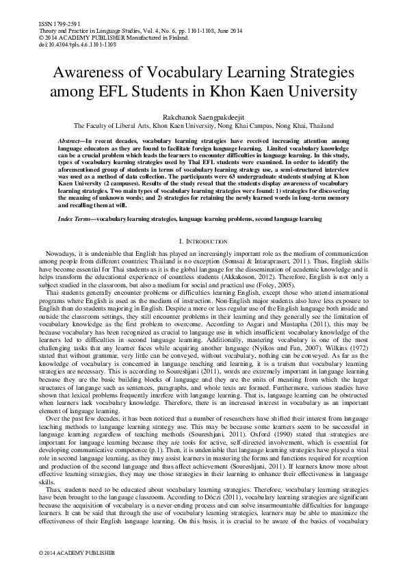 (PDF) Awareness of Vocabulary Learning Strategies among EFL Students in ...
