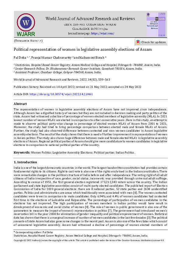 (PDF) Political representation of women in legislative assembly ...