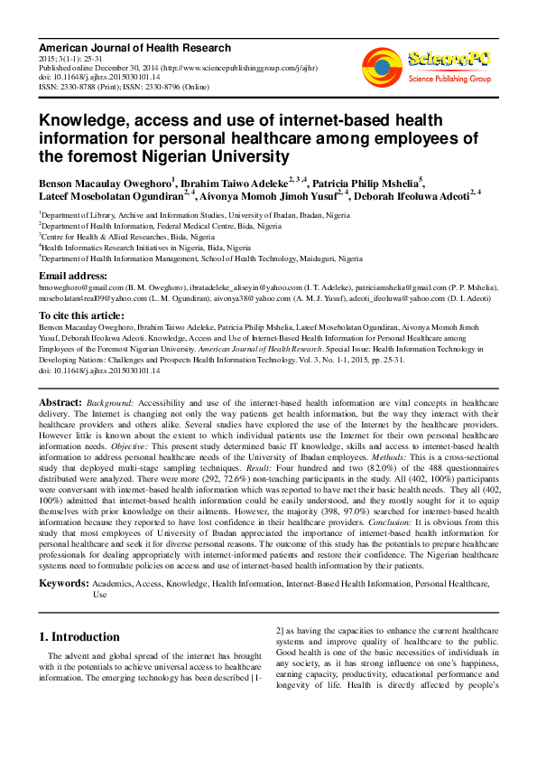 PDF) Knowledge, Access and Use of Internet-Based Health 