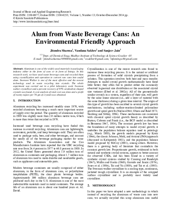 (PDF) Alum from Waste Beverage Cans An Environmental Friendly Approach