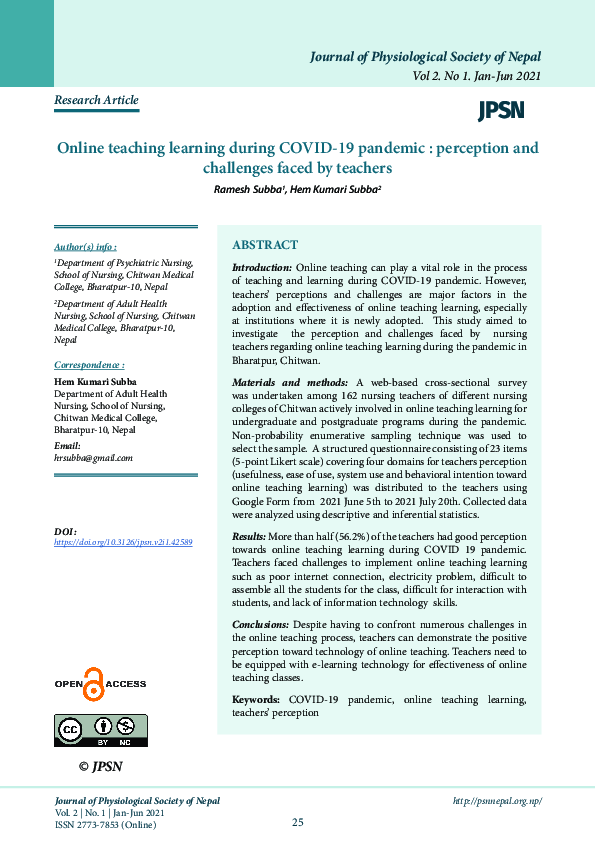 (PDF) Online teaching learning during COVID-19 pandemic : perception ...