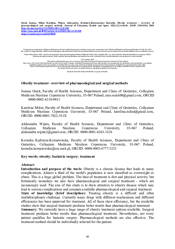 (PDF) Obesity treatment - overview of pharmacological and surgical methods