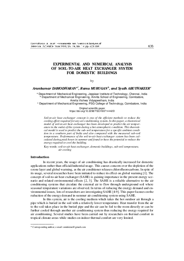 (PDF) Experimental and numerical analysis of an earth–air heat exchanger