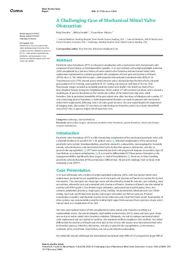 (PDF) A Challenging Case of Mechanical Mitral Valve Obstruction