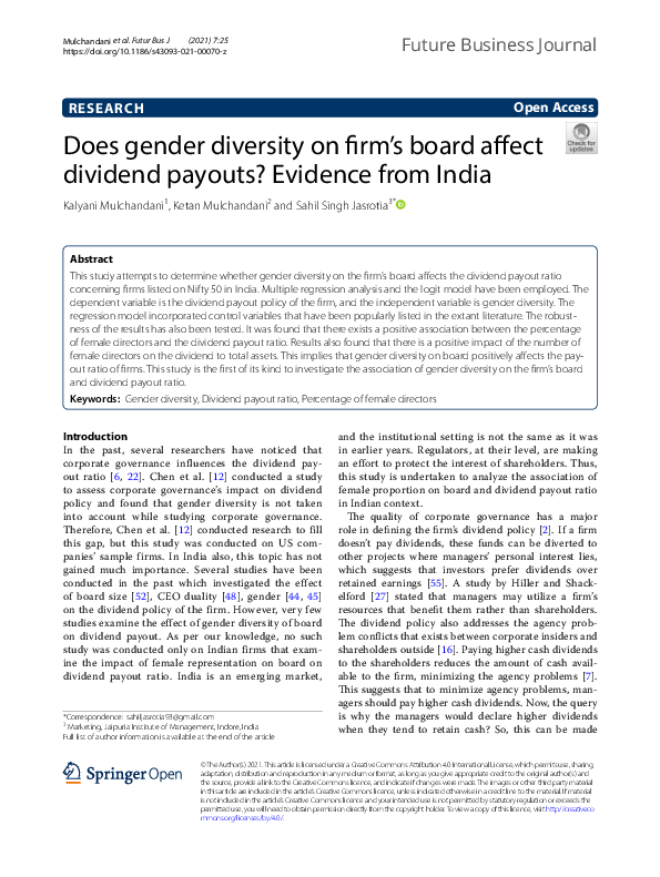 (PDF) Does gender diversity on firm’s board affect dividend payouts ...