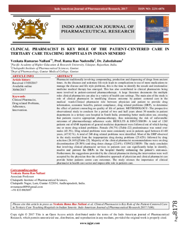 (PDF) Clinical Pharmacist is Key Role of the Patient-Centered Care in ...