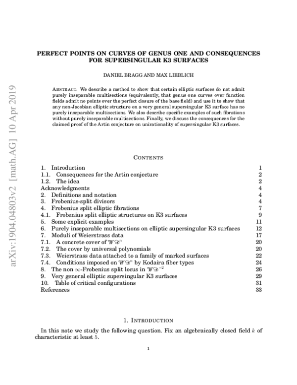 (PDF) Perfect points on genus one curves and consequences for ...