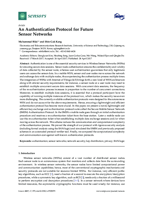 (PDF) An Authentication Protocol for Future Sensor Networks