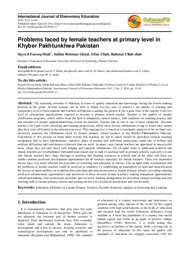 (PDF) Problems Faced by Female Teachers at Primary Level in Khyber ...