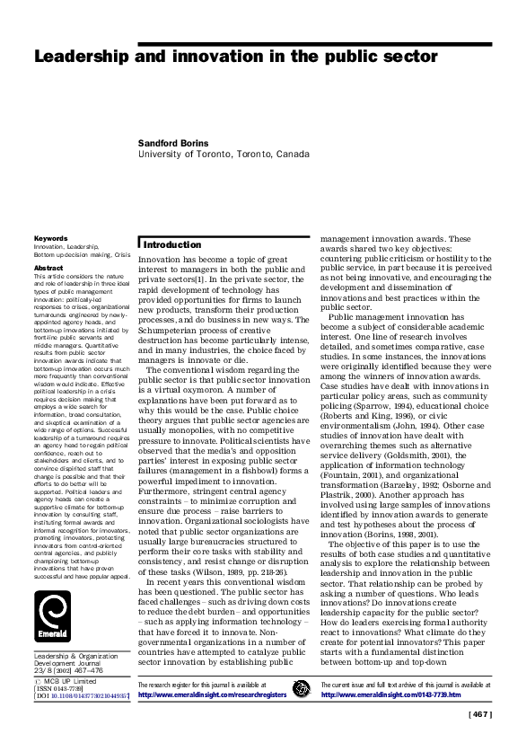 (PDF) Encouraging innovation in the public sector
