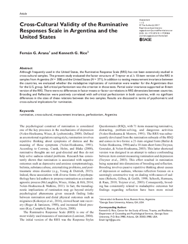 (PDF) Cross-Cultural Validity of the Ruminative Responses Scale in ...
