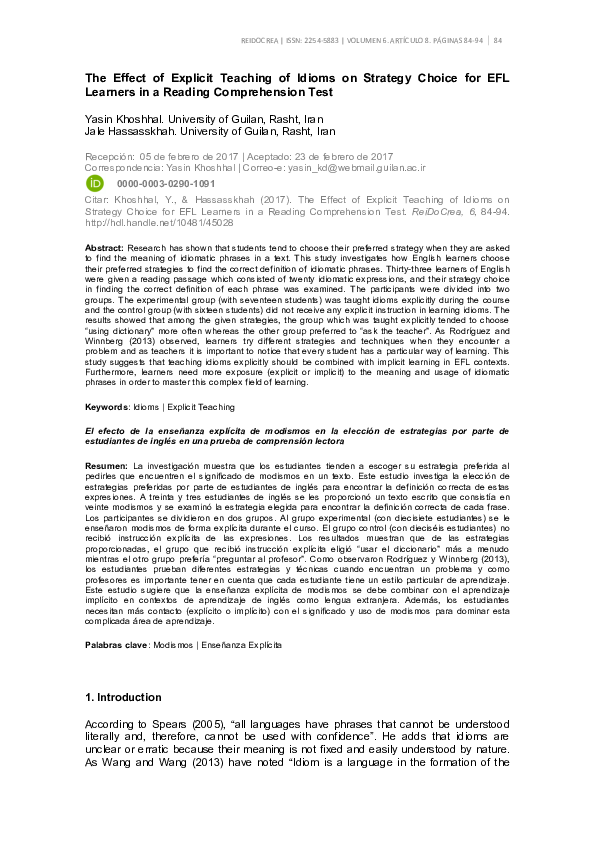 (PDF) The Effect of Explicit Teaching of Idioms on Strategy Choice for ...